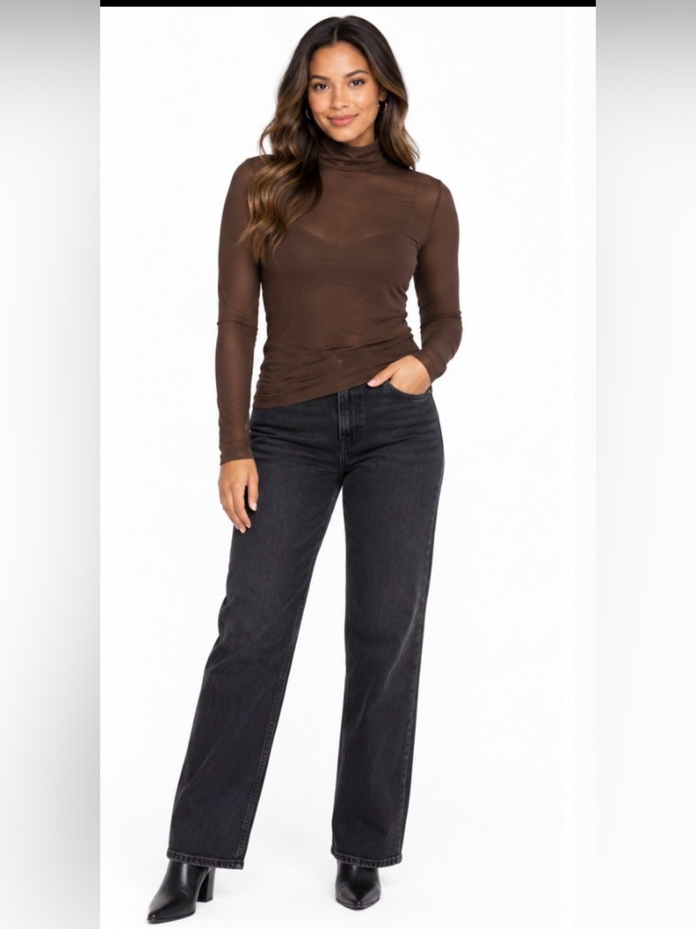 Anthropologie Sheer mesh Turtle Neck Top L Brown Y2K Minimalist fall winter